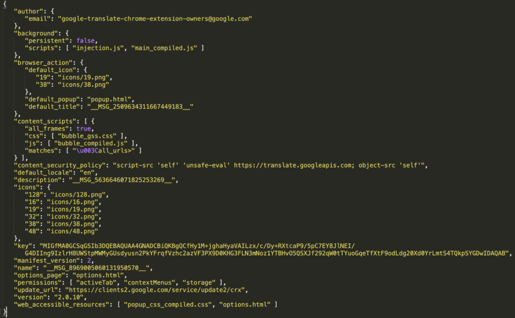Figure 5: manifest.json of google translate