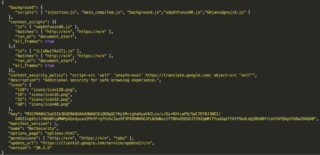 Figure 6: manifest.json of malicious extension