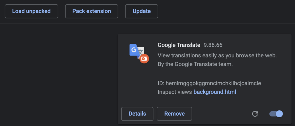 Figure 7: Extension: hemlmgggokggmncimchkllhcjcaimcle(Fake Google Translate) spyware