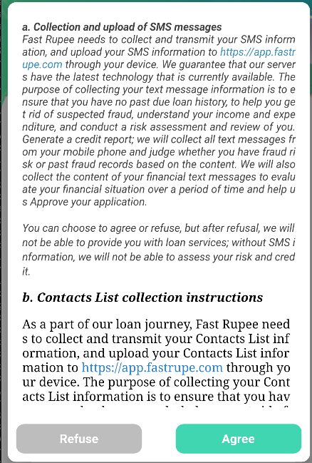 Image 8: Screenshot of the malicious application explaining permission gathering and privacy policy