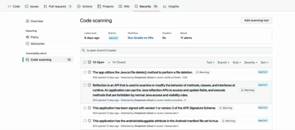 githubs advanced security code scanning alerts interface